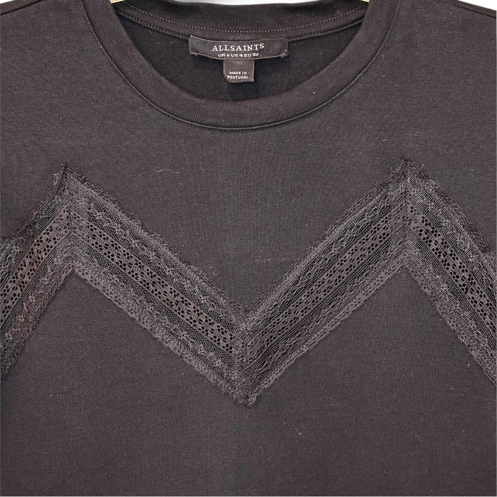 All Saints- Black 100% Cotton Lina Lace T-Shirt - Size US4, UK8, EU36 - Picture 4 of 9